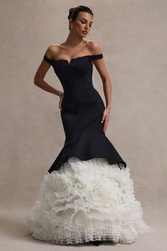 The Greatest | Black & Cream Bardot Maxi Dress With Tulle Skirt Dress With Tulle Skirt, Dress With Tulle, Boned Corsets, Black Dress Prom, Black Tie Gala, Party Dress Long Sleeve, Christmas Party Dress, Bridesmaid Outfit, Black Sequin Dress