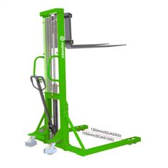 a green fork lift with two forks on it