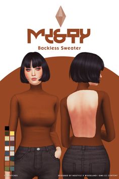 two women standing next to each other in front of a brown background with text that reads muffy backless sweater