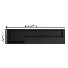 an image of a black shelf with measurements for the top and bottom section, on a white background