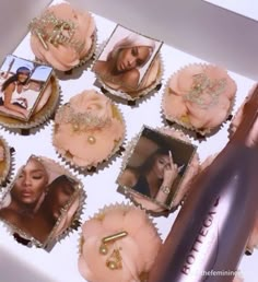 the cupcakes are decorated with pictures and hairdryer