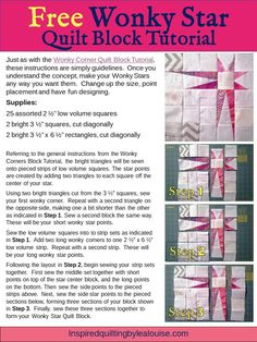 the free wonky star quilt block pattern is shown with instructions to make it easy