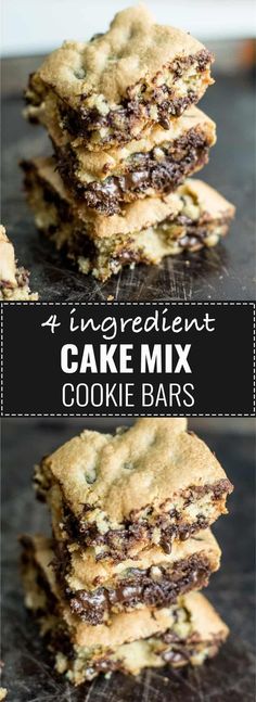 four ingredient cake mix cookie bars stacked on top of each other with text overlay