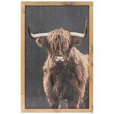 an animal with long horns standing in front of a black background and wooden frame on the wall