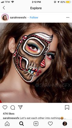 Christmas Creative Makeup Looks, Winter Holiday Makeup, Christmas Skull Makeup, Gingerbread Makeup, Amazing Halloween Makeup, Face Paint Makeup