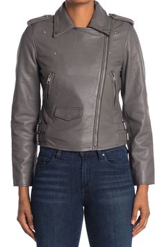 A zip front moto jacket made from lambskin leather delivers classic style. 19" length (size S) Notch collar Long sleeves with zip cuffs Front zip closure Front welt zip pockets; front flap pocket Shell: 100% leather; Body Lining: 100% cotton; Sleeve Lining: 100% polyester Professional clean Imported Model stats: 5'10", Bust: 32", Waist: 25", Hip: 36". Model is wearing size S. Edgy Outerwear With Asymmetrical Zipper Closure, Edgy Outerwear With Asymmetrical Metal Zipper, Fall Biker Leather Jacket With Ykk Zipper, Edgy Leather Jacket With Metal Zipper, Edgy Biker Jacket With Asymmetrical Zip, Fall Leather Biker Jacket With Ykk Zipper, Spring Leather Jacket With Asymmetrical Zip, Edgy Leather Jacket With Asymmetrical Zip, Edgy Biker Jacket With Metal Zipper For Fall