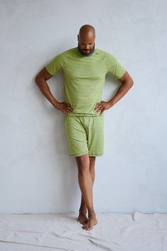 Casual Meets Comfy. The perfect pairing of our casual Lounge Short with our classic Harris T-Shirt. Great for lounging around or keeping cozy under the covers. Different from our classic drawstring pants, these shorts have a covered elastic waistband. Made from our signature ultra-soft and breathable fabric. Made in Canada. 93% Viscose from Bamboo / 7% Spandex. Fits true to size. Available in S, M, L, XL. S (28-30), M (32-34), L (36-38), XL (40-42). Machine washable and dryer friendly. Green Cotton Activewear For Loungewear, Green Cotton Activewear For Lounging, Casual Green Tops For Relaxation, Comfortable Green Tops, Comfortable Green Tops For Relaxation, Green Crew Neck Sleepwear For Lounge, Casual Green Relaxed Fit Pajama Shorts, Casual Short Sleeve Activewear For Relaxation, Casual Green Pajama Shorts For Loungewear