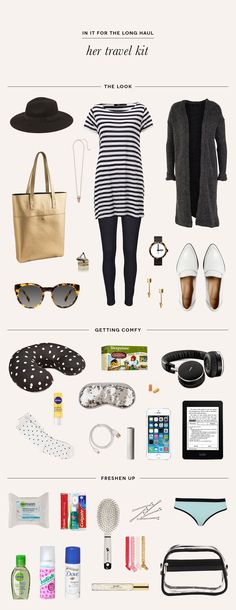 the contents of a woman's travel bag are shown in this graphic style, including shoes