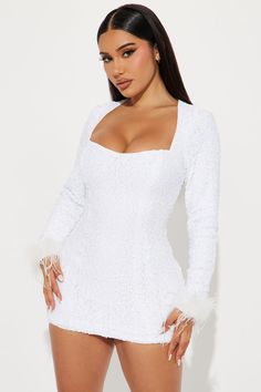 Snowflake Sequin Mini Dress - White | Fashion Nova Sweetheart Neckline Long Sleeve, Dress Sweetheart Neckline, Work Dresses For Women, Feather Trim, Pink Midi Dress, Sequin Mini, Bride Style, Sequin Mini Dress, Stretch Dress