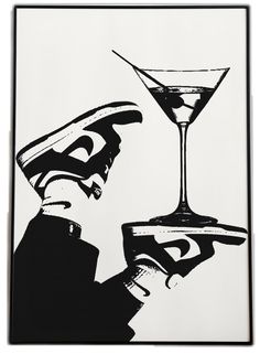 a black and white drawing of a person holding a martini glass