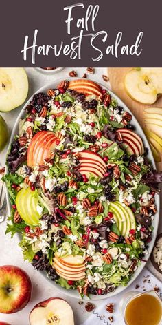 a salad with apples, walnuts and feta cheese in it on a white plate