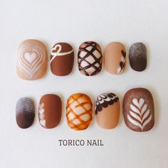 Nail Coffee Design, Pancake Nails, Chocolate Strawberry Nails, Latte Art Nails, Coffee Inspired Nails, Latte Nail Art, Hot Chocolate Nails, Chocolate Nail Art