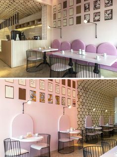 two pictures of the inside of a restaurant with tables and chairs in different colors, one has