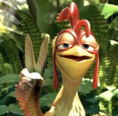 an animated bird with red hair and big eyes standing in the jungle holding a banana