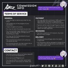 a black and purple flyer with the words commission info