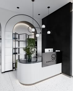 a dental office with black walls and white counter tops, plants in vases on the counter