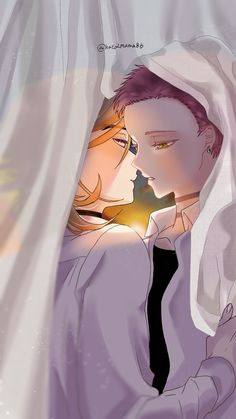 a man and woman are kissing under a white curtain with the sun shining through them