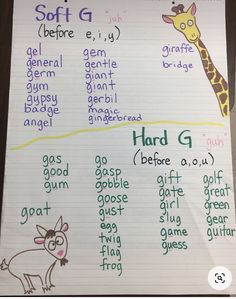 a sheet of paper with writing on it that says, soft g before e, and hard g