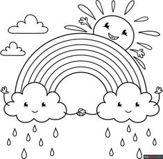 a drawing of a rainbow with clouds and rain