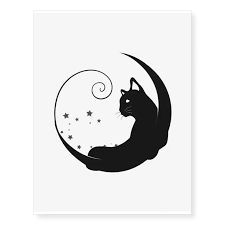 a black cat sitting on the moon with stars in it's tail, against a white background