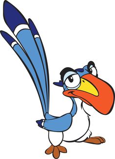 a cartoon bird with blue and orange beaks on it's head, standing in front of a white background