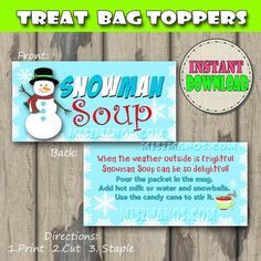 two snowman soap coupons on wooden background with text that reads treat bag toppers