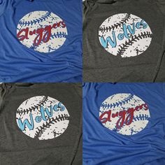 four t - shirts with different designs on them, including baseballs and the word's words