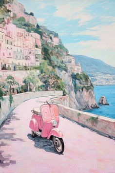 a painting of a pink scooter parked on the side of a road by the ocean