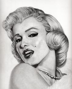 a drawing of marilyn monroe in black and white with her hair pulled back to the side