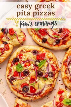 several pizzas with different toppings are on a white plate and there is text overlay that reads easy greek pita pizzas fun's crazings