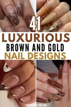 Champagne Dress Nail Ideas, Dubai Inspired Nails, Brown Neutral Nails Design, Brown Gold Fall Nails, Brown Gold Ombre Nails, Brown Gold Glitter Nails, Long Fall Nails 2024, Fall Nail Designs Brown And Gold, Chocolate Brown And Gold Nails