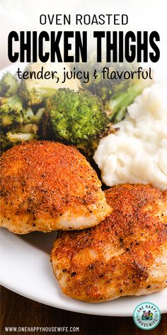 chicken thighs on a plate with mashed potatoes and broccoli