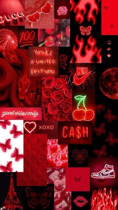 a collage of red and black images