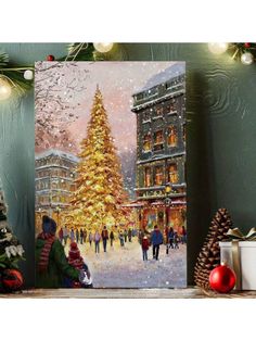 a painting of a christmas tree with people walking around it