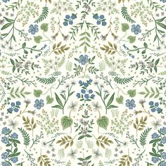 a floral pattern with blue flowers and green leaves on white background, suitable for wallpaper or fabric