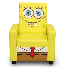 a yellow chair with a cartoon character on it's arm and legs, sitting in front of a white background