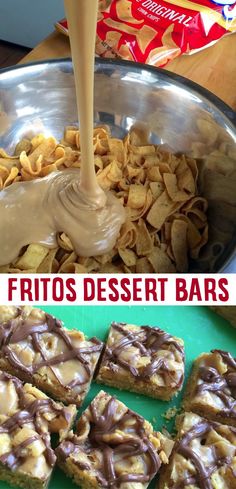 a collage of pictures showing different desserts and bars with chocolate drizzled on them