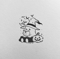 a black and white drawing of a cat wearing a witches hat with a pumpkin on it