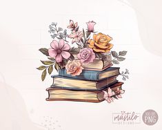 a stack of books with flowers on top