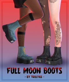 two women with tattoos and boots on their feet are standing in front of a red background