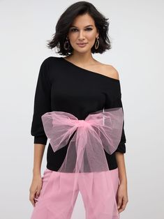 Tulle-Bow Sweater | New York & Company Tulle Bow, Bow Sweater, Tulle Bows, On Or Off, Daytime Dresses, Pink Tulle, Jacket Brands, Petite Fashion, New Arrival Dress