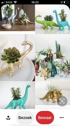 there are many different types of toy dinosaurs in this photo collage, each one has a plant on its head