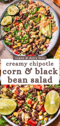 two plates of corn and black bean salad with lime wedges on the side text reads creamy chipotle corn & black bean salad