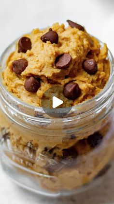 cookie dough in a glass jar with chocolate chips