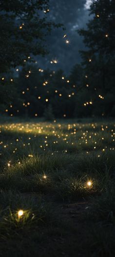 some lights that are in the grass near trees at night with stars coming from them