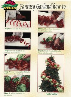 the instructions for how to make a christmas tree with ribbon and poinsettis