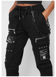 Stamp Print, Egirl Fashion, Black Cargo Pants, Black Cargo, Chain Silver, Cargo Pocket, Cargo Pants Women