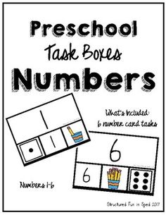 a white poster with numbers on it and the words, preschool task boxes for numbers