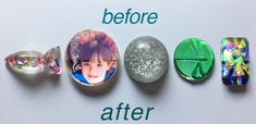 there are five different colored stones with pictures on them and the words before, after, and after