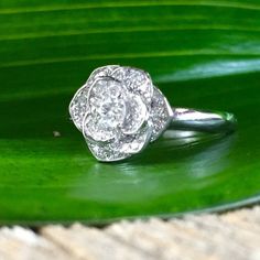 a diamond ring sitting on top of a green leaf